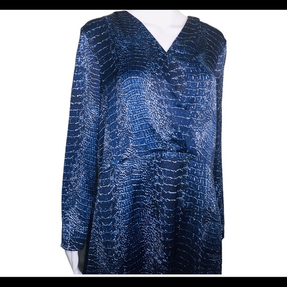 NWT HALSTON Tonal Snake Print V Neck Crossover Long Sleeve Dress Navy Blue Small - Picture 5 of 14